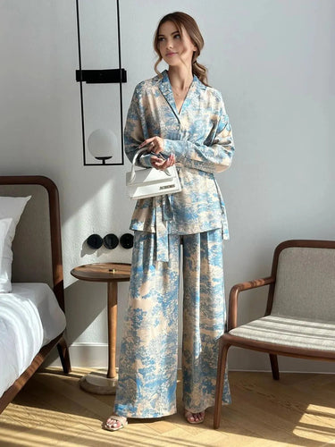 Printed Wide-Leg Co-Ord Set – Tie-Waist Shirt and Trouser Set