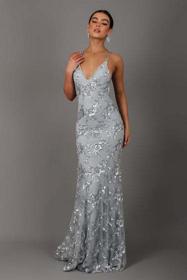 Light Blue Sequin Maxi Dress – Spaghetti Strap V-Neck Wedding Guest Gown