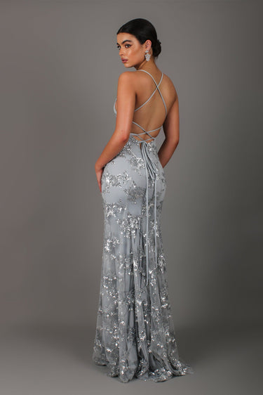 Light Blue Sequin Maxi Dress – Spaghetti Strap V-Neck Wedding Guest Gown