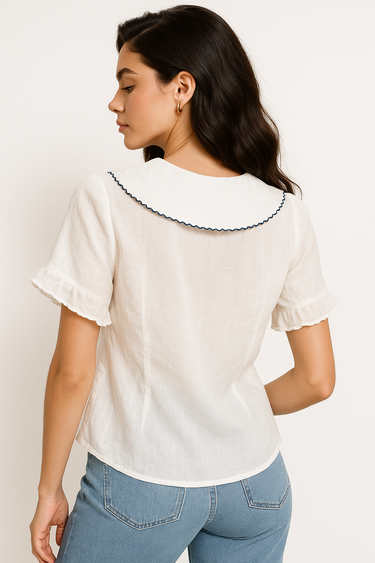 Scallop Collar Blouse – Short Sleeve Cotton Ruffle Blouse