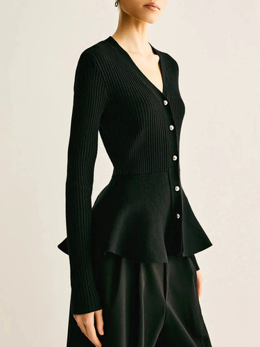 Ribbed Peplum Knit Top – Button Detail Bud Waist Top