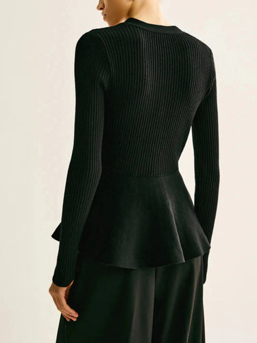Ribbed Peplum Knit Top – Button Detail Bud Waist Top