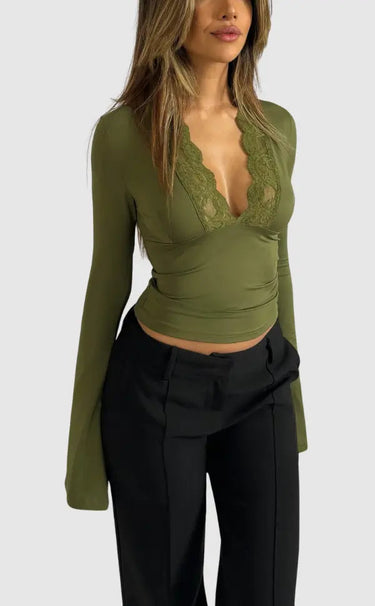 Lace Trim V-Neck Long Sleeve Top – Fitted Stretch Evening Top