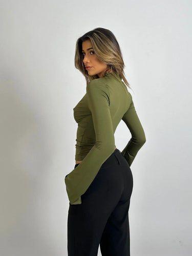 Lace Trim V-Neck Long Sleeve Top – Fitted Stretch Evening Top