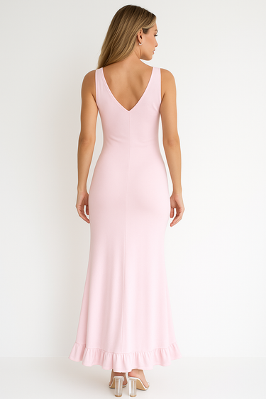 Ruched Maxi Dress – V-Neck Ruffled Slit Sleeveless Evening Dress