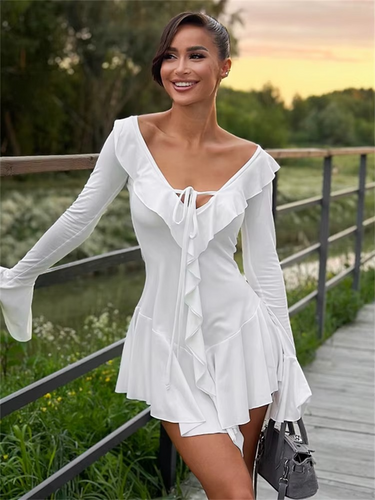 White Ruffled Mini Dress – Lace-Up Neckline with Flared Cuffs