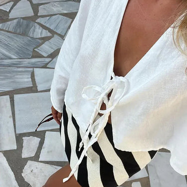 Linen Tie-Front Top – Cropped Billowy Blouse for Women