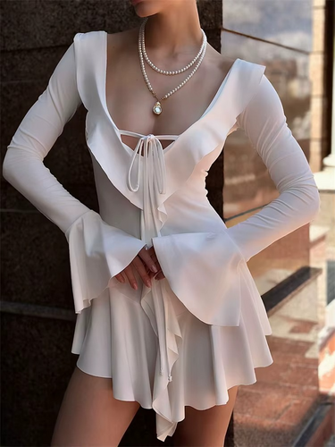 White Ruffled Mini Dress – Lace-Up Neckline with Flared Cuffs