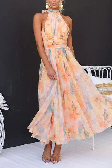 Peach Watercolour Halter Midi Dress – Gathered Waist Summer Party Dress