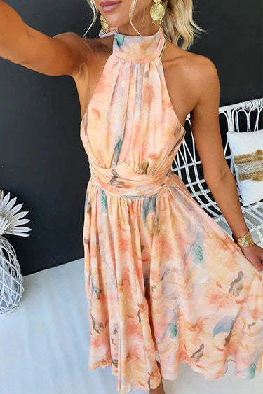 Peach Watercolour Halter Midi Dress – Gathered Waist Summer Party Dress