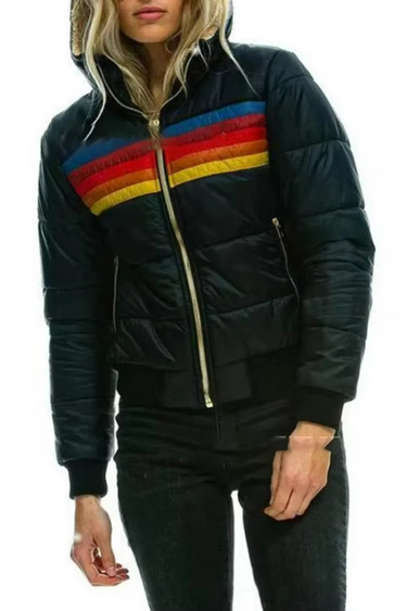 Retro Striped Puffer Jacket – Colour-Block Padded Coat