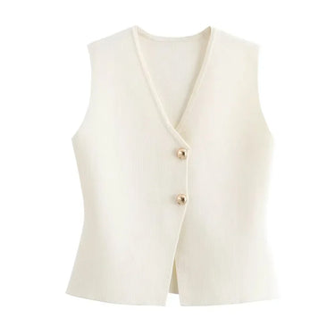 Ribbed Knit Waistcoat – Asymmetric Wrap V-Neck Gold Button Vest