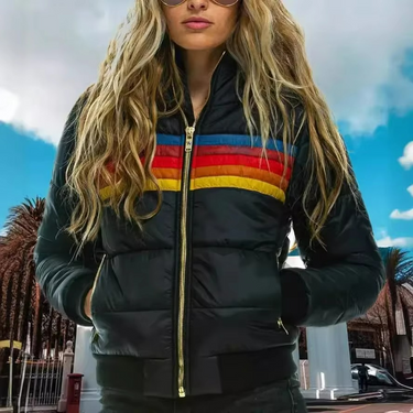 Retro Striped Puffer Jacket – Colour-Block Padded Coat