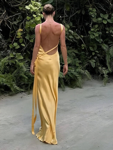 Yellow Asymmetric Satin Maxi Dress – One-Shoulder Sleek Evening Gown
