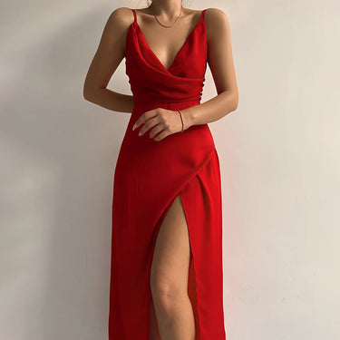 Spaghetti Strap Formal Maxi Dress – Draped Neckline Thigh-High Slit Evening Gown