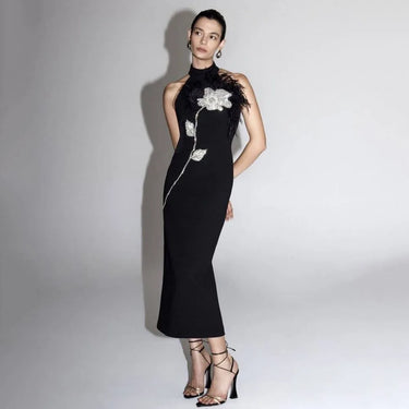 Backless Feather Embellished Midi Dress