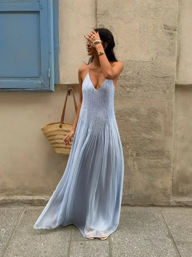 Sky Blue Pleated Spaghetti Strap Maxi Dress – Backless Summer Occasion Dress