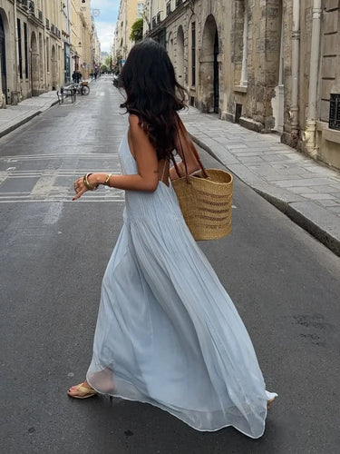 Sky Blue Pleated Spaghetti Strap Maxi Dress – Backless Summer Occasion Dress