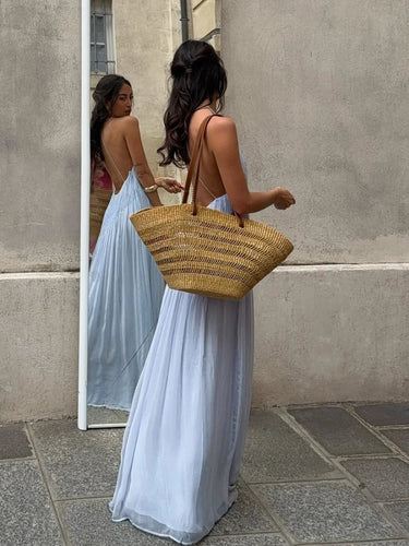 Sky Blue Pleated Spaghetti Strap Maxi Dress – Backless Summer Occasion Dress
