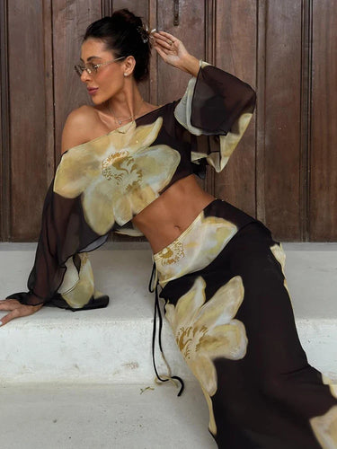 Printed One-Shoulder Set – Statement Sleeve Top and Maxi Skirt Co-Ord