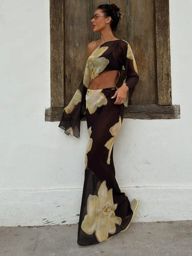 Printed One-Shoulder Set – Statement Sleeve Top and Maxi Skirt Co-Ord