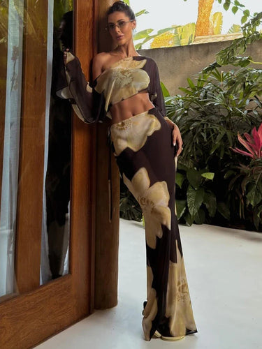 Printed One-Shoulder Set – Statement Sleeve Top and Maxi Skirt Co-Ord