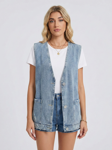 Denim Vest – Minimalist V-Neck Sleeveless Waistcoat