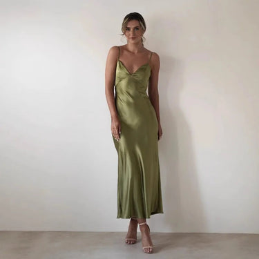 Yellow Satin V-Neck Midi Dress – Formal Wedding Occasion Evening Dress