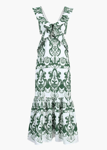 Cream Embroidered Cotton Maxi Dress – Open Back Ruffled Summer Party Dress