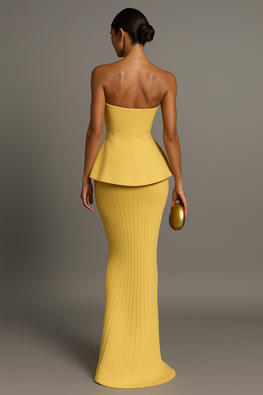 Yellow Strapless Maxi Dress – Peplum Bodice Ribbed Knit Evening Gown