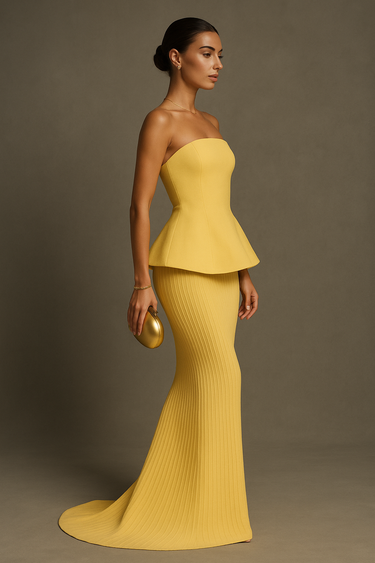 Yellow Strapless Maxi Dress – Peplum Bodice Ribbed Knit Evening Gown