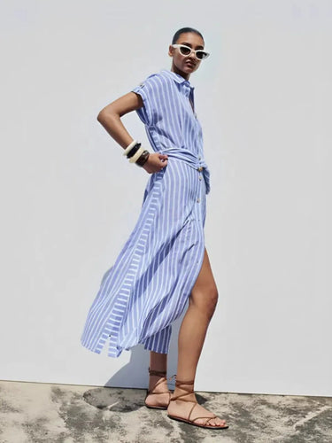 Blue Striped Linen-Blend Maxi Dress – Belted Shirt Dress for Work