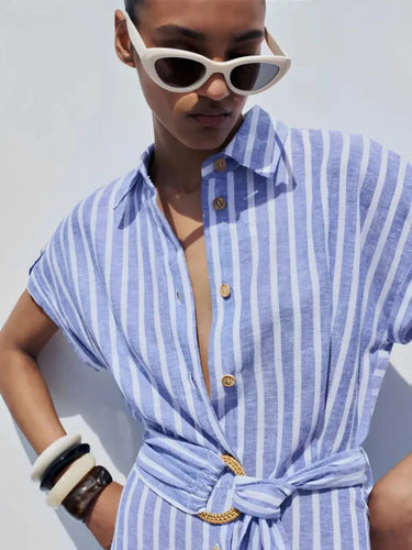Blue Striped Linen-Blend Maxi Dress – Belted Shirt Dress for Work