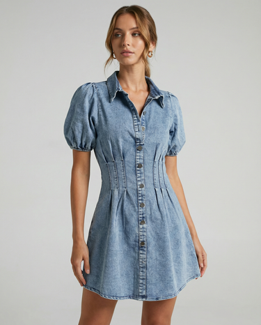Denim Puff Sleeve Mini Dress – A-Line Button Front Summer Dress