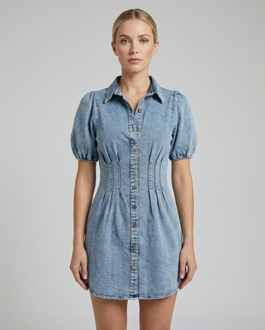Denim Puff Sleeve Mini Dress – A-Line Button Front Summer Dress