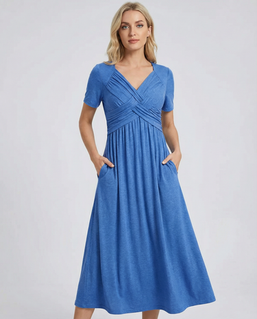 Light Grey V-Neck Midi Dress – Flattering Casual Warm-Weather Dress