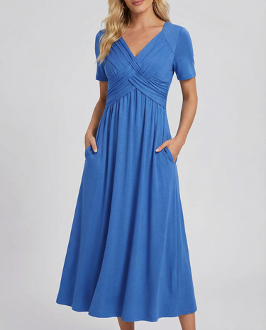 Light Grey V-Neck Midi Dress – Flattering Casual Warm-Weather Dress