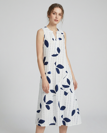 Leaf Print Maxi Dress – Stylish V-Neck Sleeveless Summer Look