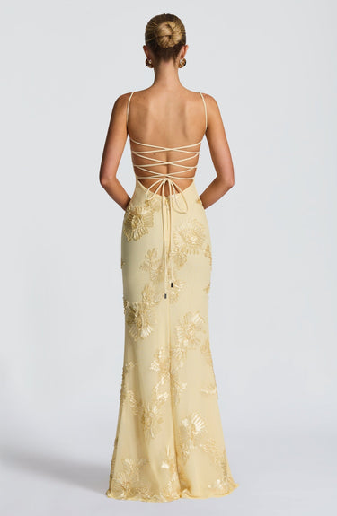 Floral Jacquard Corset Wedding Guest Maxi Dress – Structured Occasion Gown