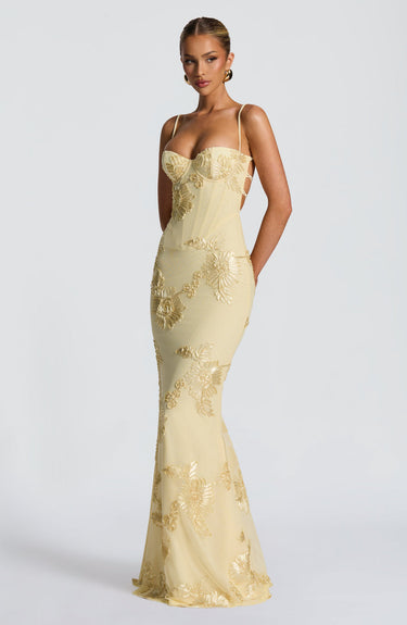 Floral Jacquard Corset Wedding Guest Maxi Dress – Structured Occasion Gown