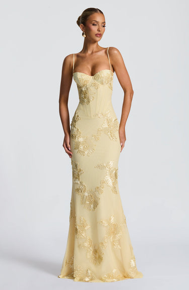 Floral Jacquard Corset Wedding Guest Maxi Dress – Structured Occasion Gown