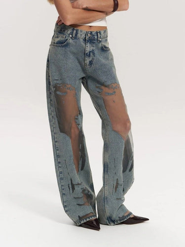 Mesh Panel Wide-Leg Jeans – High Waist Sheer Insert Denim