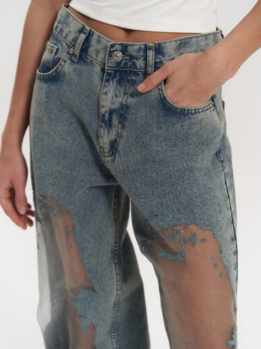 Mesh Panel Wide-Leg Jeans – High Waist Sheer Insert Denim