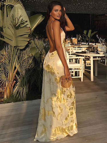 Elegant Yellow and Gold Wedding Guest Maxi Dress