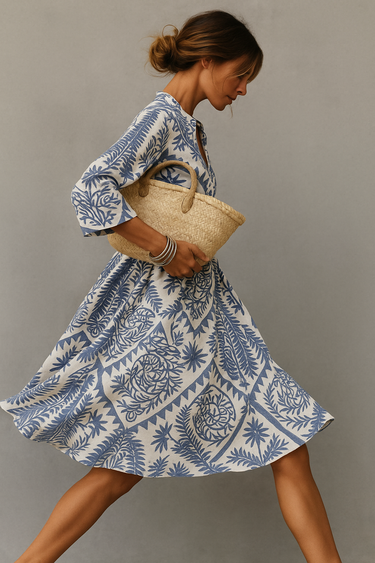 V-Neck Boho Pattern Summer Midi Dress