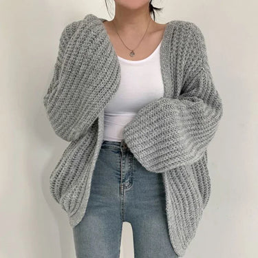 Oversized Lantern Sleeve Cardigan – Chunky Knit Open Cardi