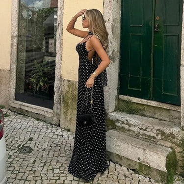 Black Polka Dot Satin Maxi Dress – Scarf Detail Fitted Evening Gown
