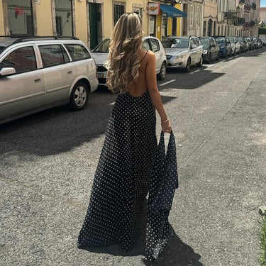 Black Polka Dot Satin Maxi Dress – Scarf Detail Fitted Evening Gown