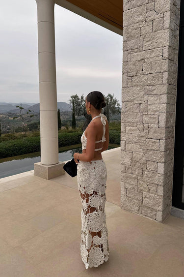 White Crochet Halter Maxi Dress – Boho Cut-Out Open Back Party Dress