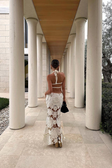 White Crochet Halter Maxi Dress – Boho Cut-Out Open Back Party Dress